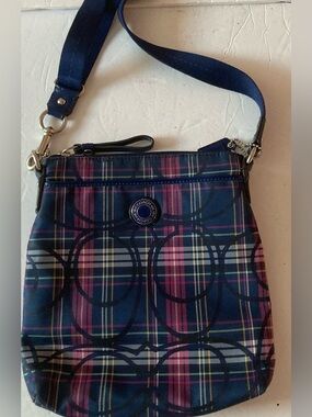 Coach Signature Poppy Navy and Pink Plaid Crossbody Purse